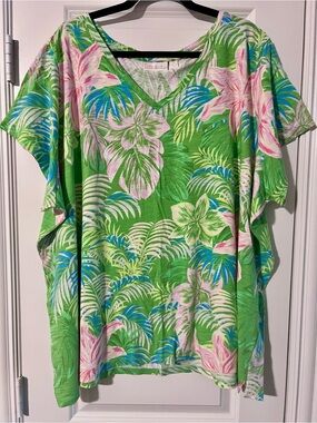 Belle by Kim Gravel Tropical V-Neck Tunic in Lime Green, Pink and Aqua